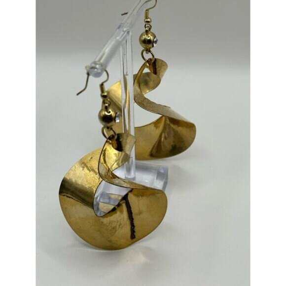 Gold-Tone Spiral Dangle Earrings With Textured Hammered Design - Picture 3 of 6